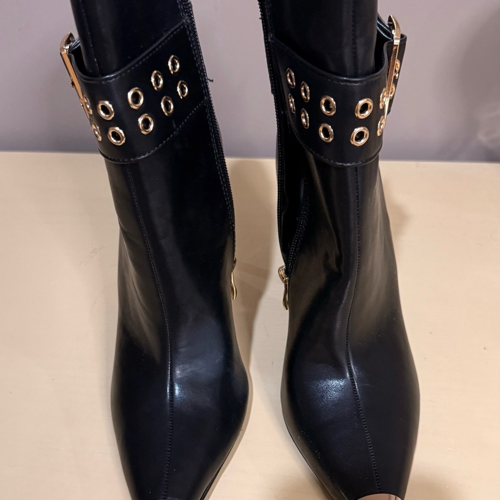 Stylish Black and Gold Ankle Boots with Buckle Detail - Picture 2 of 3